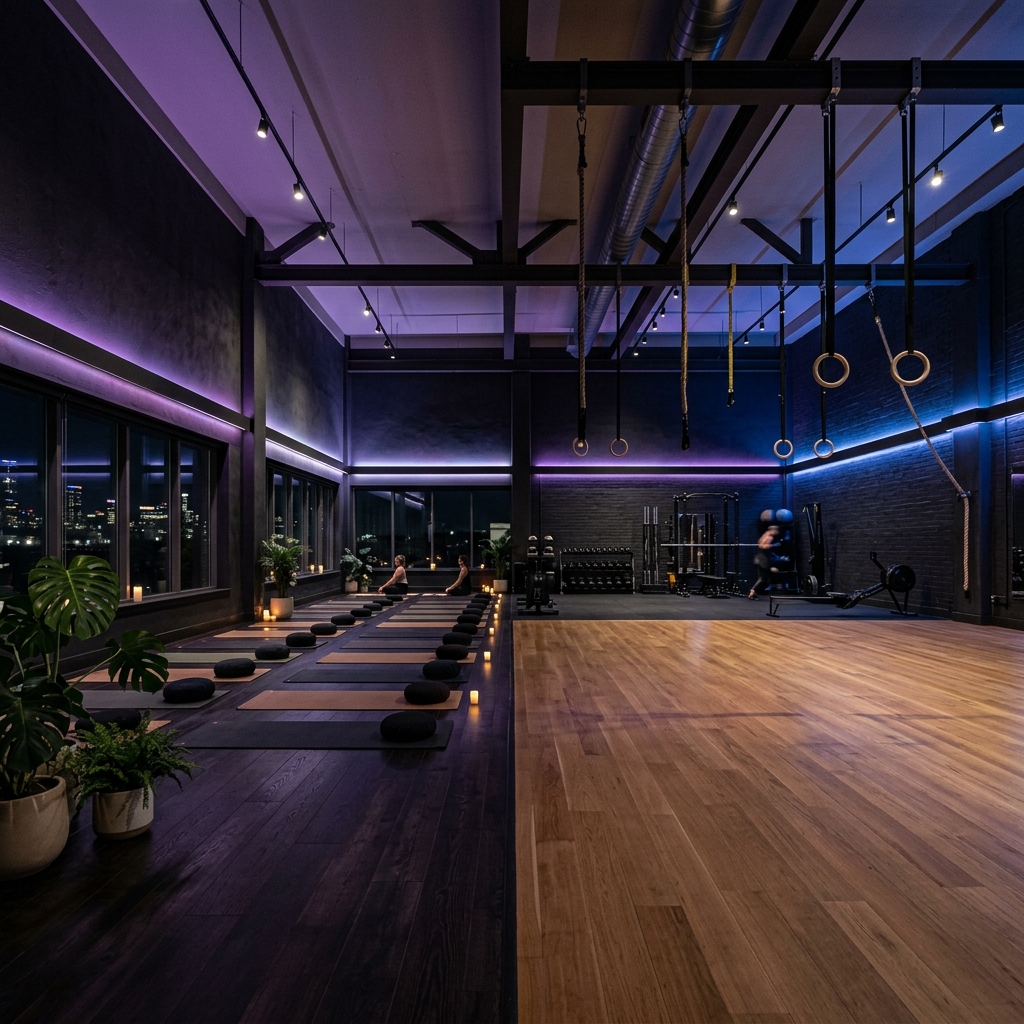 1000 sq ft Shadow Fitness facility with mobility rings and meditation area